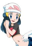  1girl alternate_costume beanie blue_eyes blue_hair breasts denim groping hainchu hair_ornament hat highres hikari_(pokemon) jeans long_hair open_mouth pants pokemon pokemon_(game) pokemon_dppt simple_background smile white_background 