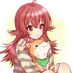  1girl animal_on_lap blush closed_mouth dog highres idolmaster idolmaster_shiny_colors komiya_kaho kuroi_mimei long_hair long_sleeves looking_at_another looking_down mamemaru_(shiny_colors) red_eyes red_hair scarf shiba_inu shirt sitting smile striped striped_shirt upper_body 