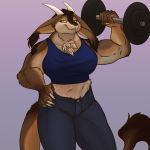  1:1 anthro breasts brown_body brown_fur clothed clothing dumbbell female foxenawolf fur gadzu gradient_background horn mammal midriff shurya_koronikov simple_background solo tail_tuft tuft weights 