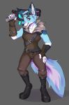  2020 absurd_res anthro belt big_ears black_nose blue_body blue_fur boots bottomwear canid canine cheek_tuft clothed clothing corelle-vairel cosplay countershade_tail countershading digital_media_(artwork) eyewear facial_tuft fennec fingerless_gloves fluffy fluffy_tail footwear fox fur fur_coat gloves goggles goggles_on_head grey_background handwear hi_res hybrid inner_ear_fluff leather leather_straps looking_at_viewer male mammal markings multicolored_body multicolored_tail paladins potion_launcher purple_eyes ranged_weapon red_fox simple_background smile solo teeth topwear tuft vest video_games weapon weapon_on_shoulder white_body white_fur zee_(zfursee) 