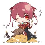  1girl ;p blush chibi coat crossed_legs eyebrows_visible_through_hair gold hair_between_eyes heart highres holding holding_coin hololive houshou_marine megmilk-uk one_eye_closed pleated_skirt red_eyes red_hair red_neckwear sitting sketch skirt solo sword thighhighs tongue tongue_out treasure twintails weapon 