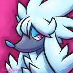  commentary creature dog dog_focus english_commentary furfrou furfrou_(normal) gen_6_pokemon looking_at_viewer nikipaprika no_humans pokemon pokemon_(creature) purple_background purple_eyes shadow signature simple_background solo 
