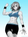  1girl abs aka-shiro biceps blue_background clenched_hand collarbone elee0228 english_text flexing gradient gradient_background grey_eyes grey_hair grey_skin highres looking_at_viewer navel original pose short_hair shorts solo sports_bra sportswear standing teeth tight watermark white_background wii_fit wii_fit_trainer 