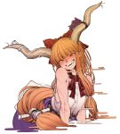  1girl bangs blunt_bangs bow breasts fangs hair_bow half-closed_eyes highres horn_ribbon horns ibuki_suika long_hair low-tied_long_hair open_mouth orange_eyes orange_hair ribbon shirt sleeveless sleeveless_shirt small_breasts smile solo space_jin toned touhou upper_body very_long_hair 