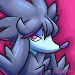  commentary creature dog dog_focus english_commentary furfrou furfrou_(normal) gen_6_pokemon looking_at_viewer nikipaprika no_humans pokemon pokemon_(creature) purple_background purple_eyes shadow signature simple_background solo 