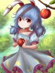  1girl animal_ears apple arms_up blue_dress blue_hair bunny_ears collarbone cowboy_shot crescent_print day dress ear_clip eyebrows_visible_through_hair food frilled_skirt frills fruit grass hair_between_eyes highres holding holding_food holding_fruit kayon_(touzoku) looking_at_viewer low_twintails outdoors puffy_short_sleeves puffy_sleeves red_eyes seiran_(touhou) short_hair short_sleeves skirt smile solo standing star star_print stream symbol_commentary touhou tree_branch twintails 