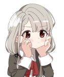  1girl bangs black_jacket black_ribbon blush_stickers bow braid brown_eyes closed_mouth collared_shirt eyebrows_visible_through_hair grey_hair hair_over_shoulder hair_ribbon hands_on_own_face hands_up highres hisakawa_nagi idolmaster idolmaster_cinderella_girls idolmaster_cinderella_girls_starlight_stage jacket juliet_sleeves long_hair long_sleeves looking_at_viewer low_twintails puffy_sleeves red_bow ribbon shirt shiwa_(siwaa0419) simple_background solo twintails upper_body white_background white_shirt 