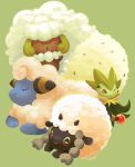  ;) artist_name closed_eyes closed_mouth commentary eldegoss english_commentary fluffy gen_2_pokemon gen_5_pokemon gen_8_pokemon gooompy green_background highres mareep no_humans one_eye_closed pokemon pokemon_(creature) sheep simple_background smile trait_connection whimsicott wooloo 