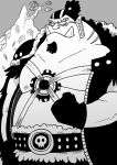 2020 anthro belly fish-men_(one_piece) hi_res jinbe kemono male marine monochrome moobs nipples one_piece overweight overweight_male scar shirokumaou solo 