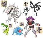  1girl black_eyes black_skirt breasts claws commentary creature english_commentary evil_smile fangs full_body highres legs_apart looking_at_viewer may98_pokemon_300_(flautist) may98_pokemon_401_(xenomorph) miniskirt mitei01_(sunkern) no_humans pokemon pokemon_(creature) pokemon_(game) pokemon_gsc pokemon_gsc_beta purple_eyes red_eyes sharp_teeth shenanimation short_hair simple_background skeleton skirt small_breasts smile sprite standing team_rocket team_rocket_grunt team_rocket_uniform teeth uniform walking white_background white_footwear 