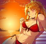  1girl ;) absurdres ahoge beach_chair bikini blonde_hair blush breasts cloud covered_nipples fate/grand_order fate_(series) ghgnvm green_eyes groin highres long_hair medium_breasts mordred_(fate) mordred_(fate)_(all) mordred_(swimsuit_rider)_(fate) navel one_eye_closed ponytail red_bikini red_scrunchie red_sky scrunchie sky smile strap_gap suspenders swimsuit thighs 