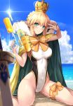 1girl ahoge artoria_pendragon_(all) blonde_hair blush bow braid breasts cape cleavage cloud crown day excalibur eyebrows_visible_through_hair fate/grand_order fate/stay_night fate_(series) green_eyes highres holding looking_at_viewer one-piece_swimsuit outdoors sitting sky smile solo summer swimsuit untsue v water_gun 