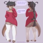  1:1 anthro black_nose butt clothing english_text front_view gun hair hi_res holding_gun holding_object holding_weapon legwear letterbox lutrine mammal monotone_clothing monotone_legwear mr-shin mustelid ranged_weapon rear_view red_clothing shin_(mr-shin) solo speech_bubble text weapon white_clothing white_legwear 