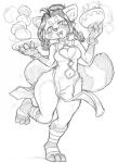  ailurid anthro cleavage_cutout clothed clothing daigaijin female food fur greyscale hair hi_res mammal monochrome navel open_mouth red_panda ringtail solo 