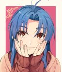  1girl ahoge bangs blue_hair blush brown_eyes chidori_kaname closed_mouth commentary dated eyebrows_visible_through_hair eyelashes full_metal_panic! hands_on_own_cheeks hands_on_own_face lips long_hair looking_at_viewer nakagomiyuki415 parted_bangs pink_background portrait red_sweater signature simple_background sleeves_past_wrists smile solo sweater symbol_commentary 