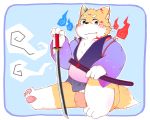  2020 5:4 anthro asian_clothing belly bulge canid canine clothing east_asian_clothing fire fox fundoshi hi_res japanese_clothing kemono male mammal melee_weapon paws robe sitting slightly_chubby solo sword underwear utamu_d28 weapon 