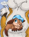  2020 4:5 alternate_species anthro blue_eyes blue_hair bouncyotter breasts brown_body brown_fur brown_nose chest_tuft dialogue duo english_text female flinters fur hair hi_res in_pouch kangaroo macropod mammal marsupial nude pouch_(anatomy) redtailfox tail_tuft text tuft yellow_body yellow_fur 