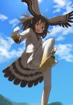  1girl action bird_girl bird_tail bird_wings blonde_hair brown_eyes brown_feathers brown_hair commentary_request eyebrows_visible_through_hair feathers from_below gloves hair_between_eyes head_wings highres jacket kemono_friends kicking long_hair long_sleeves looking_at_viewer multicolored_hair necktie northern_goshawk_(kemono_friends) open_mouth pantyhose pleated_skirt rumenia_(ao2is) shirt skirt solo standing standing_on_one_leg striped striped_neckwear white_feathers white_gloves white_jacket white_shirt white_skirt wings yellow_footwear 