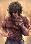  1boy abs black_hair blood clenched_hand cuts highres injury kengan_ashura kilye_4421 looking_at_viewer muscle no_shirt nosebleed one_eye_closed pain scratches shirtless solo tokita_ouma yellow_eyes 