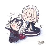  2girls ahoge artoria_pendragon_(all) artoria_pendragon_(swimsuit_rider_alter) beni_shake bikini blonde_hair chibi eyebrows_visible_through_hair fate_(series) food headpiece jeanne_d&#039;arc_(alter)_(fate) jeanne_d&#039;arc_(fate)_(all) lowres maid_bikini maid_headdress multiple_girls multiple_views navel o_o popsicle riding roomba short_hair sitting swimsuit vacuum_cleaner wavy_mouth 