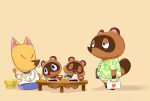  2020 absurd_res animal_crossing anthro apron blue_eyes bottomwear canid canine chibi clothing crazy_redd eating eyes_closed food fox group hi_res magictukai_aaaa mammal nintendo raccoon_dog shirt shorts simple_background sitting slightly_chubby tanuki timmy_nook tom_nook_(animal_crossing) tommy_nook topwear video_games 