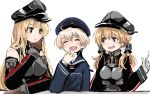  3girls anchor anchor_hair_ornament aqua_eyes bangs bismarck_(kantai_collection) blonde_hair blush breasts brown_gloves closed_eyes dress elbow_gloves eyebrows_visible_through_hair gloves grey_hair hair_between_eyes hair_ornament hat kantai_collection karin_bluez3 long_hair long_sleeves military military_uniform multiple_girls open_mouth peaked_cap prinz_eugen_(kantai_collection) sailor_collar sailor_dress sailor_hat short_hair simple_background uniform white_background white_gloves z1_leberecht_maass_(kantai_collection) 