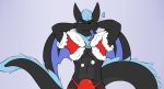  &lt;3 2019 akuma_kanji black_body blue_eyes blue_hair bulge chest_fur christmas_clothing clothed clothing dragon fur furred_dragon hair half_naked kuno_the_dragon male one_eye_closed scalie simple_background smile solo tongue wings wink winking_at_viewer 
