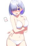  1girl absurdres bangs bare_arms bare_shoulders bikini blush breasts cleavage collarbone cowboy_shot embarrassed hair_over_one_eye halter_top halterneck highres ichiki_1 large_breasts looking_at_viewer navel nose_blush o-ring o-ring_bikini open_mouth original purple_eyes short_hair silver_hair simple_background smile solo spoken_blush stomach strap_gap string_bikini sweat swimsuit white_background white_bikini 