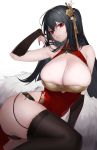  1girl absurdres alternate_costume ass azur_lane bare_shoulders black_hair black_legwear black_panties breasts cleavage commentary highres huge_breasts jam_(nandade) large_breasts long_hair looking_at_viewer panties parted_lips red_eyes skindentation smile solo taihou_(azur_lane) thighhighs underwear 