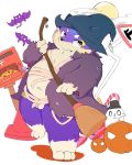  2019 4:5 anthro balls belly clothing fur genitals halloween hat headgear headwear hi_res holidays kemono male mammal moobs nipples overweight overweight_male penis purple_body purple_fur shirt solo topwear utamu_d28 young 