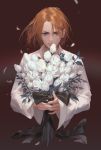  1boy black_ribbon bouquet brown_hair bud closed_mouth collared_shirt floating_hair flower hair_between_eyes holding holding_bouquet hyde_(l&#039;arc~en~ciel) jimyo l&#039;arc~en~ciel light_smile long_sleeves looking_at_viewer male_focus motion_blur petals red_background ribbon rose shirt simple_background solo white_flower white_rose white_shirt 