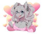  &lt;3 5:4 5_fingers anthro black_spots blue_eyes breasts clothing felid female fingers fur grey_body grey_fur hair lily_(sakuradlyall) long_hair mammal open_mouth pantherine pink_clothing pink_nose pink_sweater pink_topwear rainbowscreen snow_leopard solo spots sweater tongue topwear 