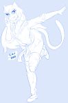  2020 animal_humanoid blue_and_white bottomwear breasts cat_humanoid cev clothed clothing domestic_cat felid felid_humanoid feline feline_humanoid felis female gesture hair hi_res humanoid knee_highs leaning leaning_forward long_hair looking_at_viewer mammal mammal_humanoid monochrome on_one_leg one_leg_up raised_leg sketch skirt smile solo standing v_sign 