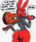  31_minutos angry_eyes anthro big_butt bottomless butt clothed clothing guitar juan_carlos_bodoque looking_at_viewer male musical_instrument parasitedeath plucked_string_instrument red_body simple_background solo spanish_text string_instrument striped_shirt text thick_thighs 