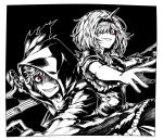  1boy 1girl alter_ego_conjurer_(granblue_fantasy) black_background crazy_eyes crazy_smile djeeta_(granblue_fantasy) gran_(granblue_fantasy) granblue_fantasy grin hair_over_one_eye hairband hood hood_up hoodie looking_at_viewer monochrome open_mouth parted_lips shaded_face sharp_teeth smile spiked_hairband spikes sword teeth weapon zanki 