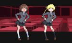  2girls blonde_hair brown_hair classroom dancing desk hair_ribbon helltaker helltaker_dance highres indoors kill_me_baby long_hair multiple_girls necktie oribe_yasuna parody ribbon school school_desk school_uniform short_hair skirt sonya_(kill_me_baby) twintails yachima_tana 