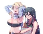  2girls :d akame akame_ga_kill! armpits arms_up bag bandeau bangs black_hair black_shirt blonde_hair bread breasts cleavage closed_eyes closed_mouth detached_sleeves food hair_between_eyes highres holding holding_bag large_breasts leone long_sleeves midriff multicolored_hair multiple_girls najendasan necktie open_mouth paper_bag red_eyes red_hair red_neckwear shiny shiny_hair shirt short_hair simple_background sleeveless sleeveless_shirt smile stomach strapless swept_bangs tubetop two-tone_hair upper_body white_background white_sleeves 