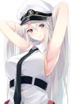  1girl armpits arms_behind_head azur_lane bangs belt black_belt breasts enterprise_(azur_lane) hands_in_hair hands_up hat head_tilt highres igayan large_breasts long_hair looking_at_viewer necktie purple_eyes revision shirt sidelocks sleeveless upper_body white_hair white_shirt 