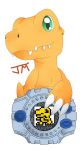  agumon ambiguous_gender claws digimon digimon_(species) digivice feral green_eyes hi_res knightinsweatpants orange_body sharp_teeth signature simple_background smile solo teeth white_background white_claws 