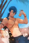  1boy armlet bangs blue_hair blue_sky bracelet chair cocktail_umbrella cu_chulainn_(fate)_(all) dated dog drinking_straw earrings english_commentary fate/grand_order fate_(series) grin hand_up highres holding_drink jewelry lancer looking_at_animal looking_down low_ponytail male_focus muscle navel neck_ring necklace nipples one_eye_closed outdoors palm_tree petting ponytail red_eyes shirtless signature sitting sky smile sol_ferrari solo summer topless tree 