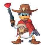  2016 anatid anseriform anthro avian belt bird blizzard_entertainment cigar clothing cowboy_hat disney donald_duck duck facial_hair footwear gloves gun hair handgun handwear hat headgear headwear hi_res male mccree_(overwatch) overwatch parody ranged_weapon shamserg simple_background solo video_games weapon 