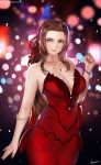  1girl aerith_gainsborough aqua_eyes armlet artist_name back_bow backlighting blurry bokeh bow breasts brown_hair cleavage closed_mouth collarbone cowboy_shot depth_of_field dress easonx evening_gown final_fantasy final_fantasy_vii final_fantasy_vii_remake fingernails forehead hair_ribbon highres jewelry large_bow large_breasts long_hair looking_at_viewer nail_polish necklace ponytail red_bow red_dress red_nails red_ribbon ribbon signature smile solo star star_necklace strapless strapless_dress very_long_hair wristband 