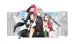  1boy 2girls aerith_gainsborough annoyed arm_hug bag black_hair black_skirt blonde_hair bow braid braided_ponytail brown_hair cloud_strife copyright_name crop_top cropped_jacket dress final_fantasy final_fantasy_vii final_fantasy_vii_remake fingerless_gloves girl_sandwich gloves hair_bow hand_on_another&#039;s_chest highres jacket long_hair low-tied_long_hair multiple_girls pink_dress red_jacket sandwiched shopping_bag sin_3794 skirt sleeveless sleeveless_turtleneck smile spiked_hair suspenders tank_top tifa_lockhart turtleneck white_tank_top 