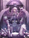  1girl absurdres angel_wings bishop_(chess) black_skirt board_game breasts chess chess_piece chessboard closed_mouth expressionless eyebrows_visible_through_hair highres holding holding_staff knight_(chess) long_hair looking_at_viewer medium_breasts original pleated_skirt pointy_ears purple_eyes purple_hair rook_(chess) seemu_(wnslqjdignv_) skirt solo staff thighhighs white_legwear wings 