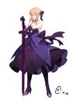  1girl absurdres artoria_pendragon_(all) blonde_hair boots bow breasts choker cleavage closed_mouth collarbone dark_excalibur fate/stay_night fate_(series) formal full_body gang_beng_er gloves hair_between_eyes hair_bow hand_on_hilt high_heel_boots high_heels highres long_skirt medium_breasts purple_bow purple_footwear purple_gloves purple_skirt saber_alter shiny shiny_hair short_hair simple_background skirt skirt_suit sleeveless solo standing suit white_background yellow_eyes 