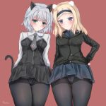  2girls absurdres aleksandra_i_pokryshkin animal_ears bear_ears black_legwear blonde_hair blue_eyes blush brave_witches breasts cat_ears cat_tail closed_mouth eyebrows_visible_through_hair green_eyes hair_ornament hairband hand_on_hip highres looking_at_viewer martinreaction military military_uniform miniskirt multiple_girls necktie panties panties_under_pantyhose pantyhose red_background sanya_v_litvyak short_hair simple_background skirt small_breasts standing strike_witches tail underwear uniform white_hair world_witches_series 