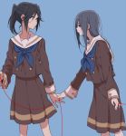  2girls :o bangs black_hair blue_background blue_neckwear brown_eyes brown_skirt cardigan closed_mouth commentary_request facing_viewer from_side hair_between_eyes hibike!_euphonium holding_hand kasaki_nozomi liz_to_aoi_tori long_hair long_sleeves looking_at_another looking_down multiple_girls neckwear parted_lips ponytail red_string ree_(re-19) sailor_collar school_uniform serafuku sidelocks simple_background skirt standing string thread uniform white_sailor_collar yoroizuka_mizore 