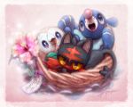  :d basket bird blue_eyes cat commentary creature english_commentary english_text flower gen_7_pokemon ja-punkster litten looking_at_viewer no_humans open_mouth pink_background pokemon pokemon_(creature) popplio purple_eyes rowlet seal signature simple_background smile yellow_sclera 