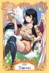  1girl absurdres belt black_hair breasts brown_dress collarbone dress english_text girls_frontline highres long_hair looking_at_viewer multicolored multicolored_eyes multicolored_hair open_mouth red_eyes ro635_(girls_frontline) roman_numerals simple_background solo stigmamyu tarot temperance_(tarot_card) thighhighs water wings yellow_eyes 