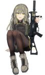  1girl absurdres black_legwear boots brown_hair girls_frontline grey_footwear gun h&amp;k_ump hair_ribbon hairband highres long_hair looking_at_viewer military open_mouth pantyhose reraise ribbon rifle sitting sitting_on_lap sitting_on_person solo strapless submachine_gun thighhighs ump40_(girls_frontline) uniform weapon white_background yellow_eyes 